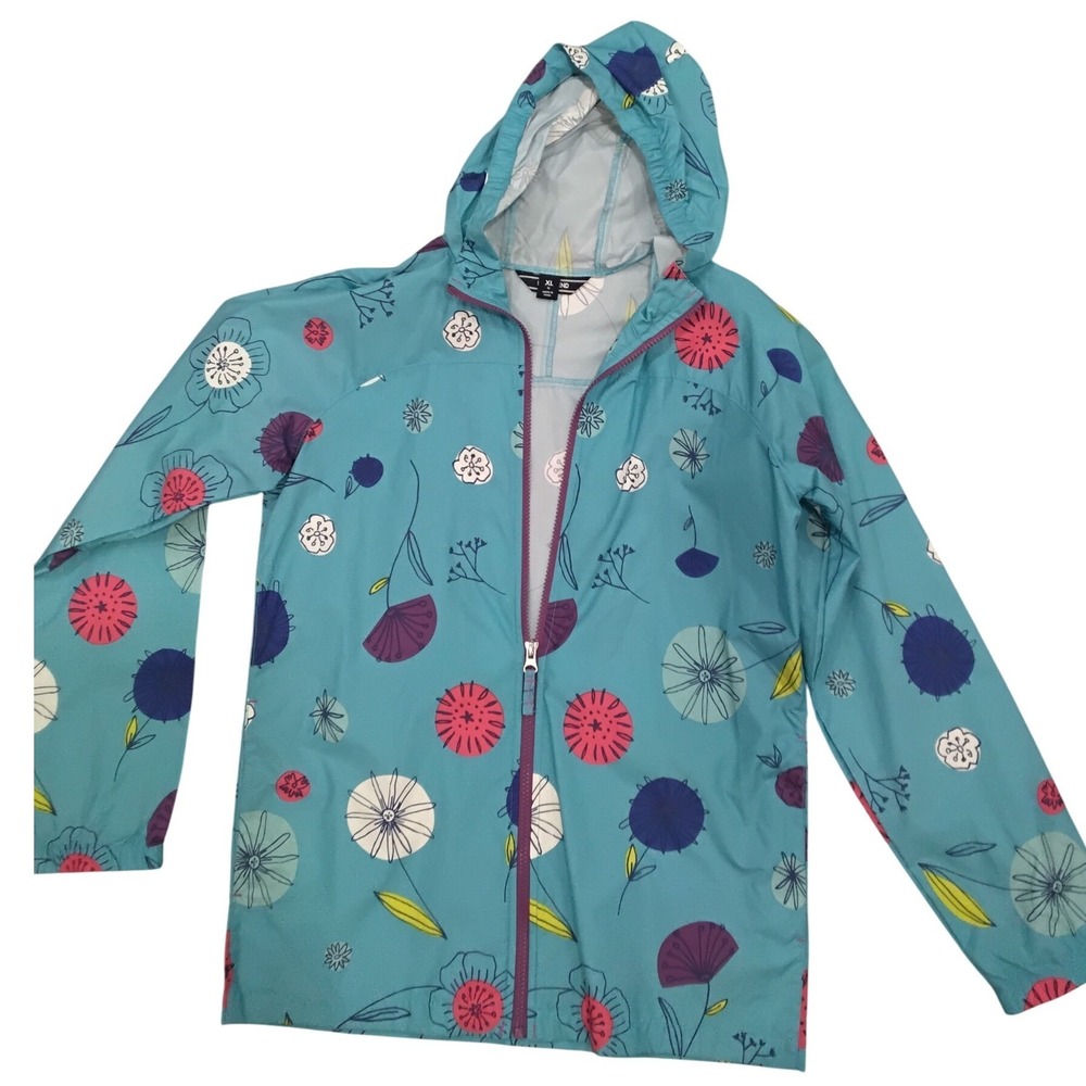 Lands End Kids XL 16 Teal Blue Floral Hooded Windbreaker Jacket Lightweight